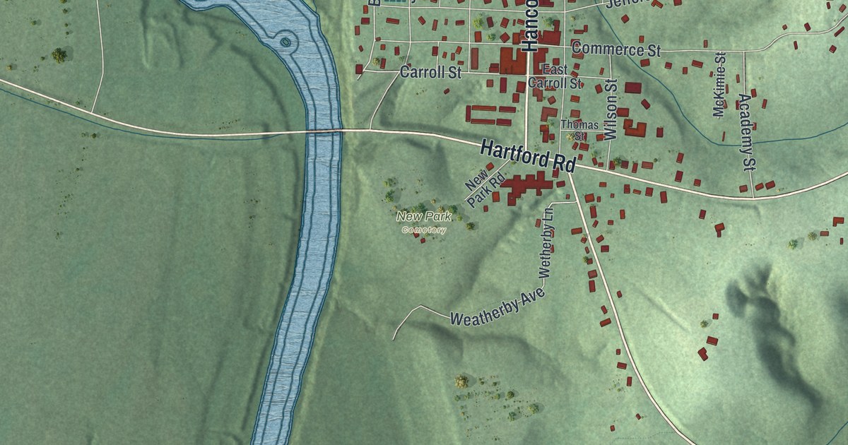 Close-up of streets and buildings in Fort Gaines, Georgia
