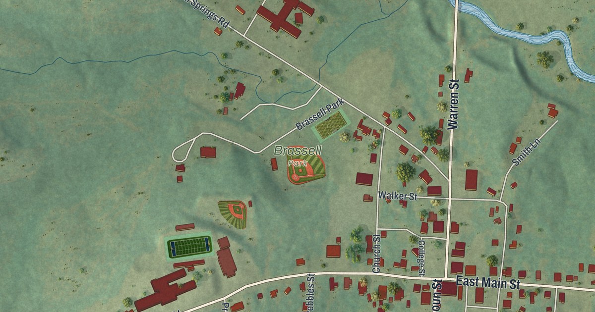 Close-up of streets and buildings in Gibson, Georgia