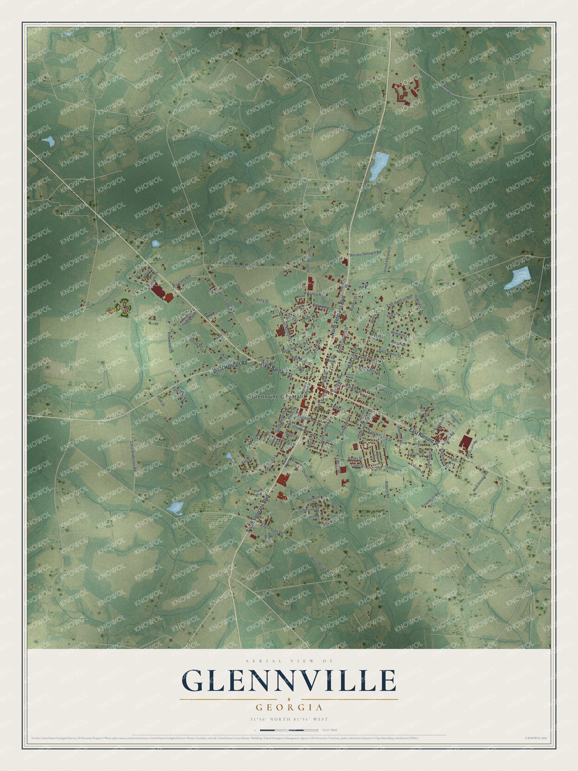 Watermarked full-map preview of Glennville, Georgia