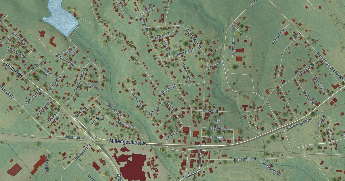 Close-up of streets and buildings in Gordon, Georgia