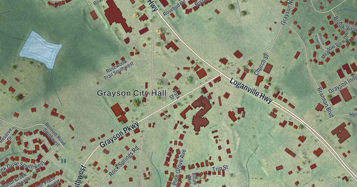Close-up of streets and buildings in Grayson, Georgia