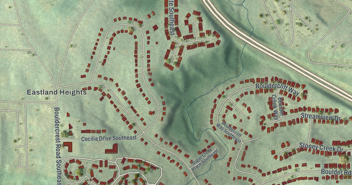 Close-up of streets and buildings in Gresham Park, Georgia