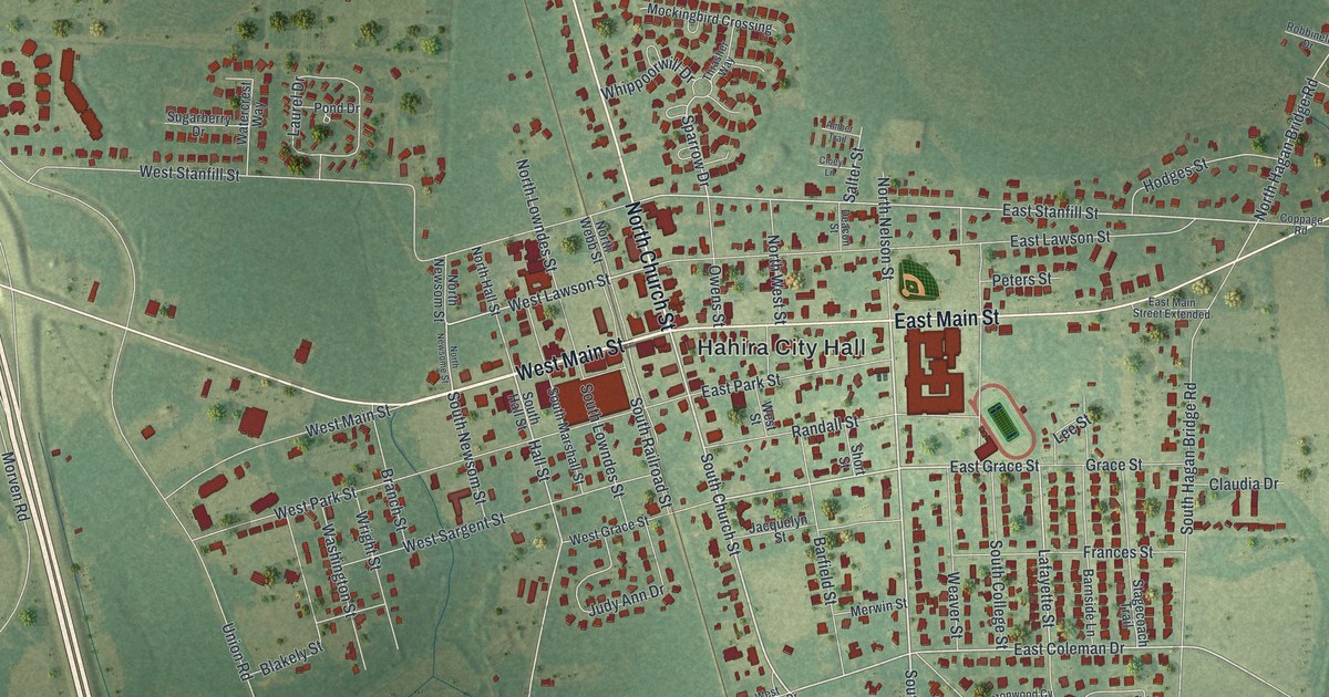 Close-up of streets and buildings in Hahira, Georgia
