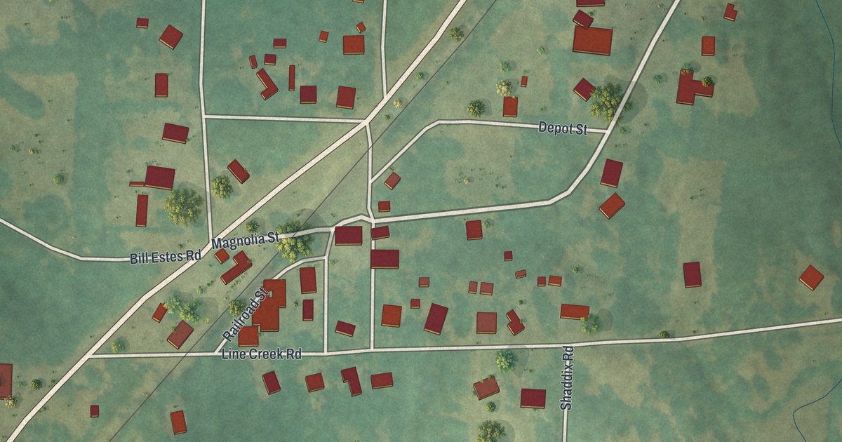Close-up of streets and buildings in Haralson, Georgia