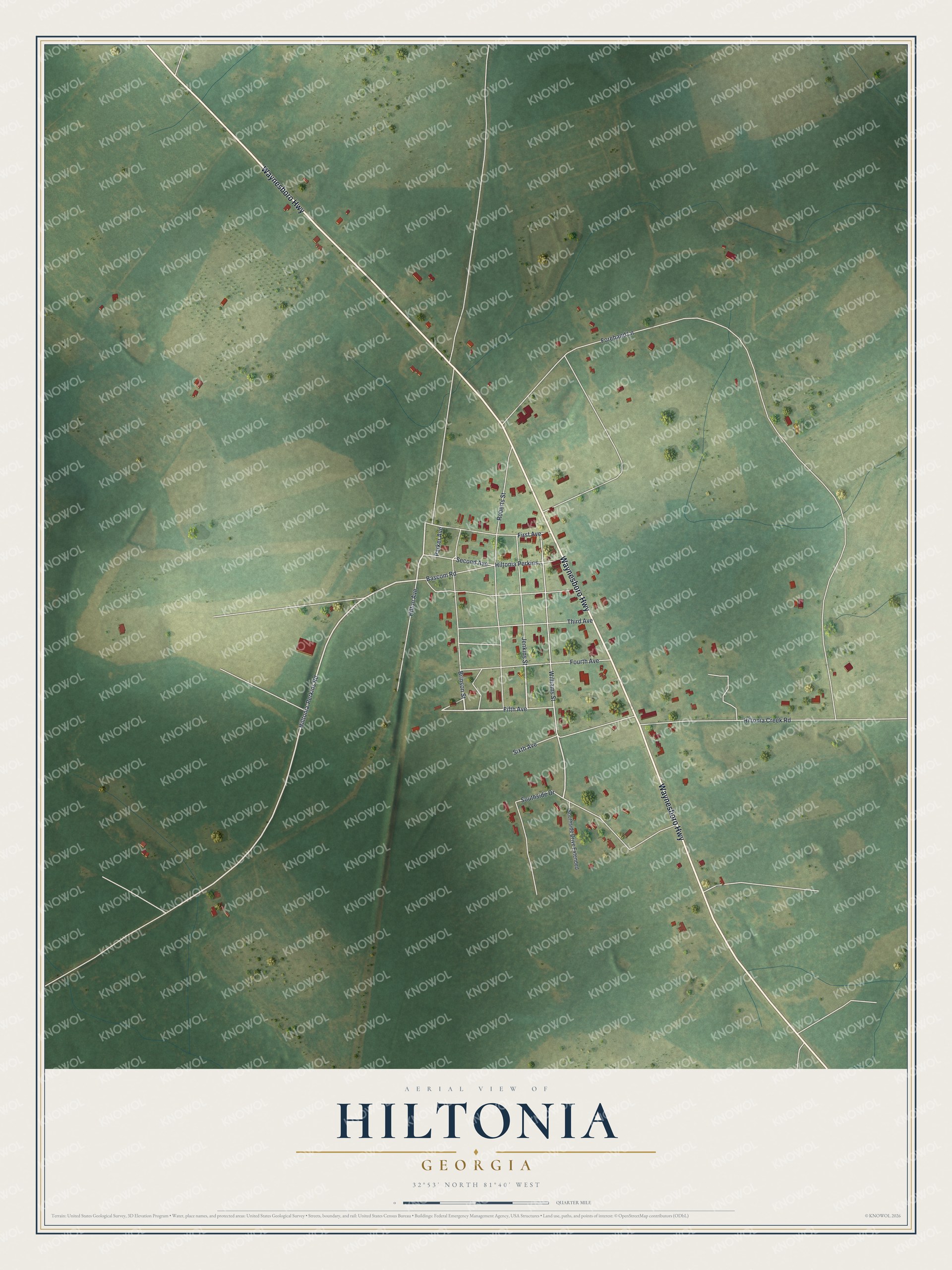 Watermarked full-map preview of Hiltonia, Georgia