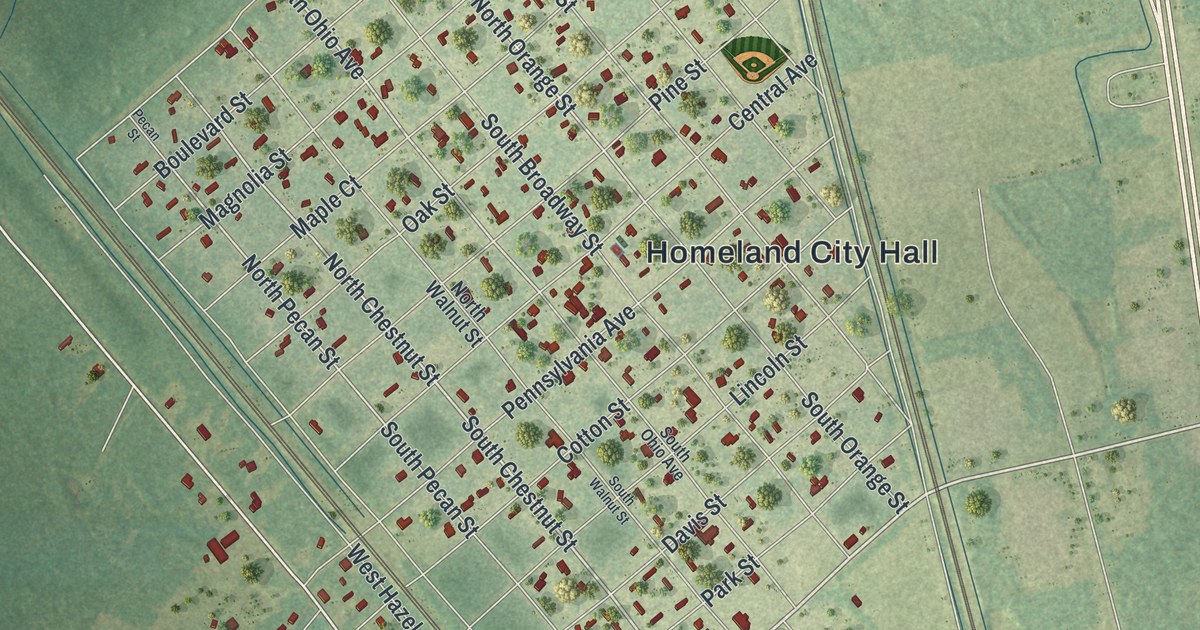 Close-up of streets and buildings in Homeland, Georgia