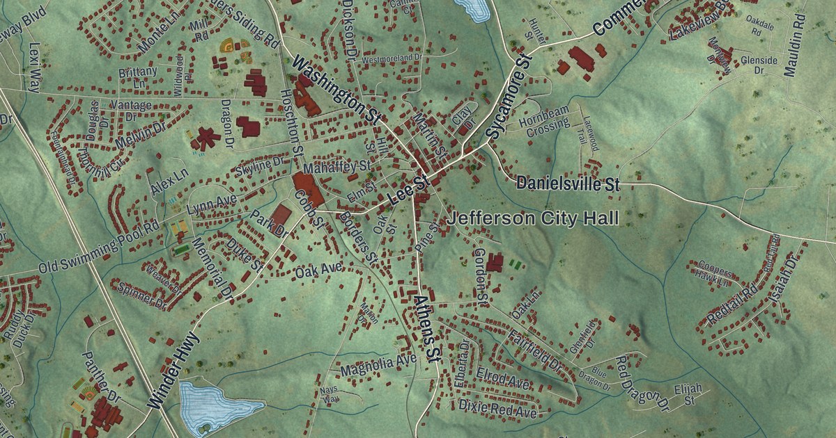 Close-up of streets and buildings in Jefferson, Georgia