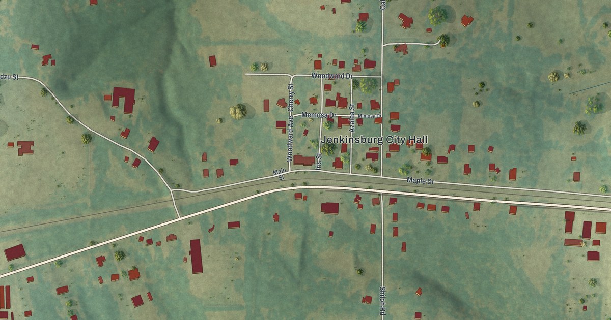 Close-up of streets and buildings in Jenkinsburg, Georgia