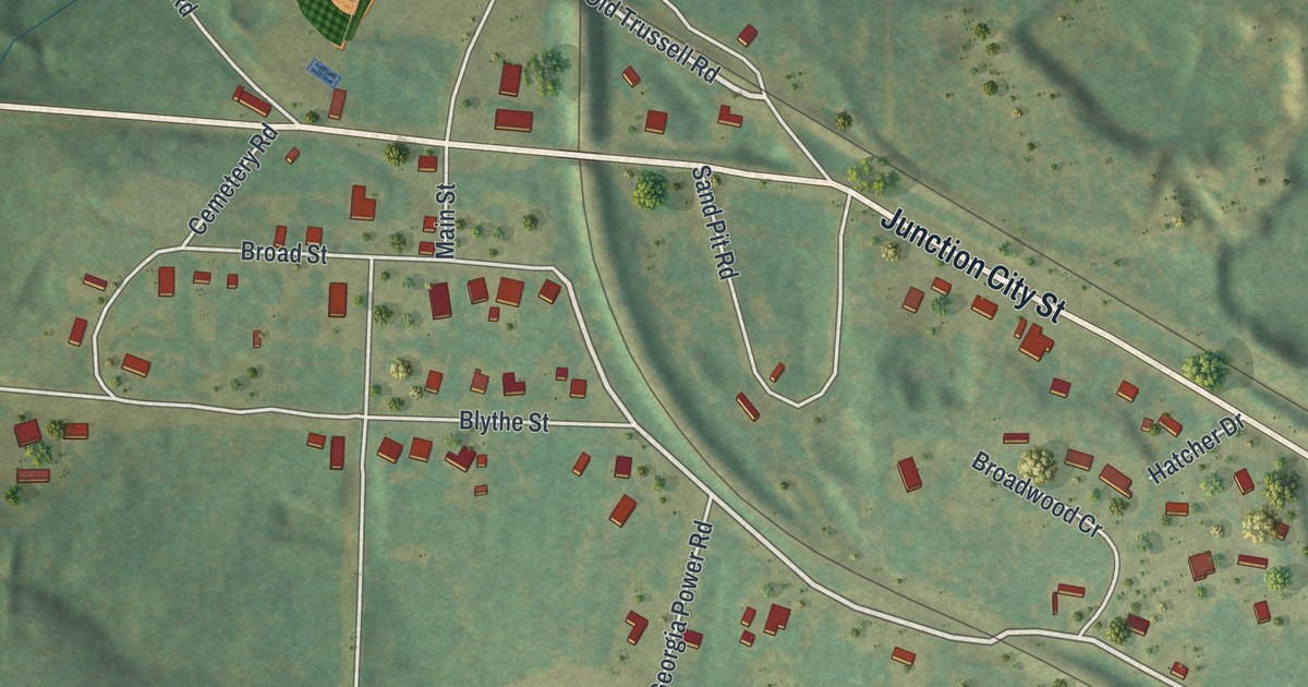 Close-up of streets and buildings in Junction City, Georgia