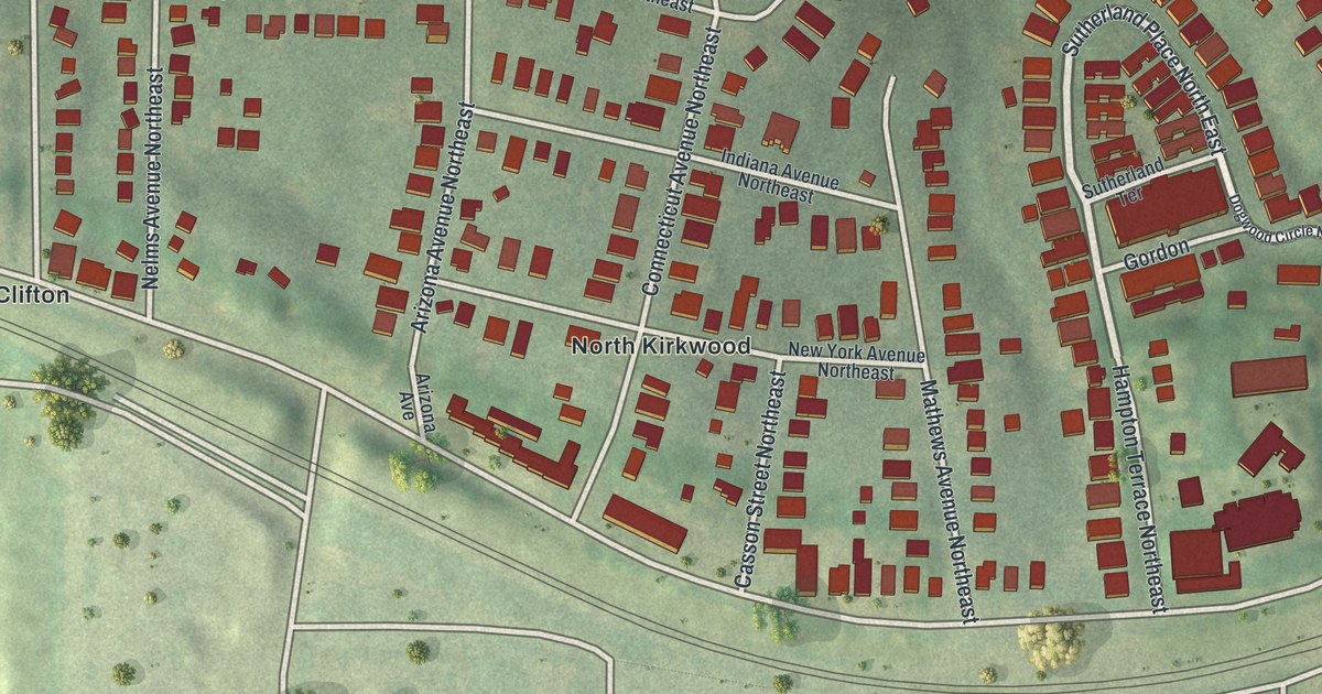 Close-up of streets and buildings in Lake Claire, Georgia