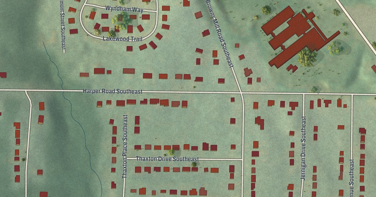 Close-up of streets and buildings in Lakewood, Georgia