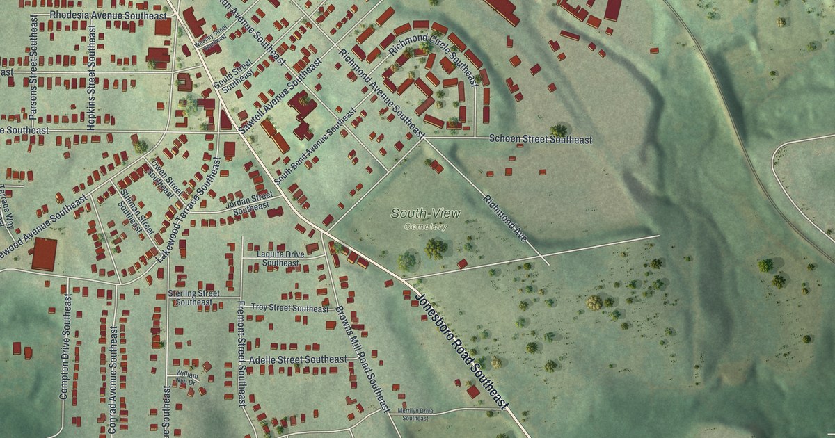 Close-up of streets and buildings in Lakewood Heights, Georgia
