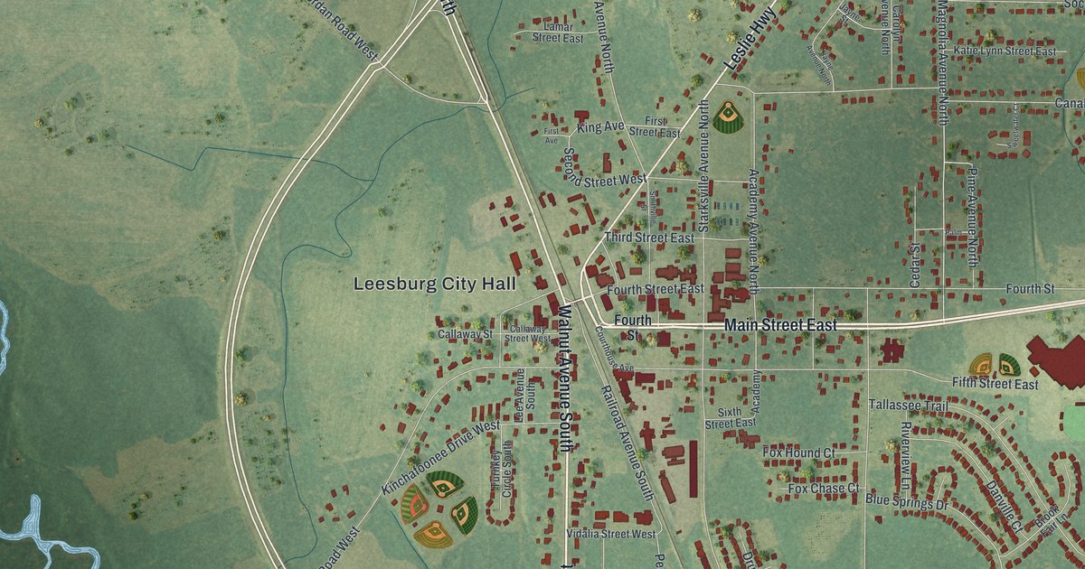 Close-up of streets and buildings in Leesburg, Georgia