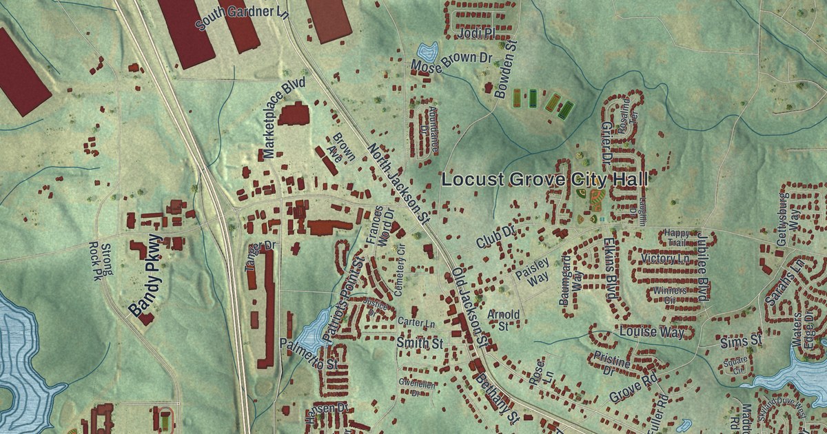 Close-up of streets and buildings in Locust Grove, Georgia