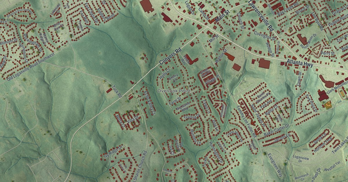 Close-up of streets and buildings in Loganville, Georgia