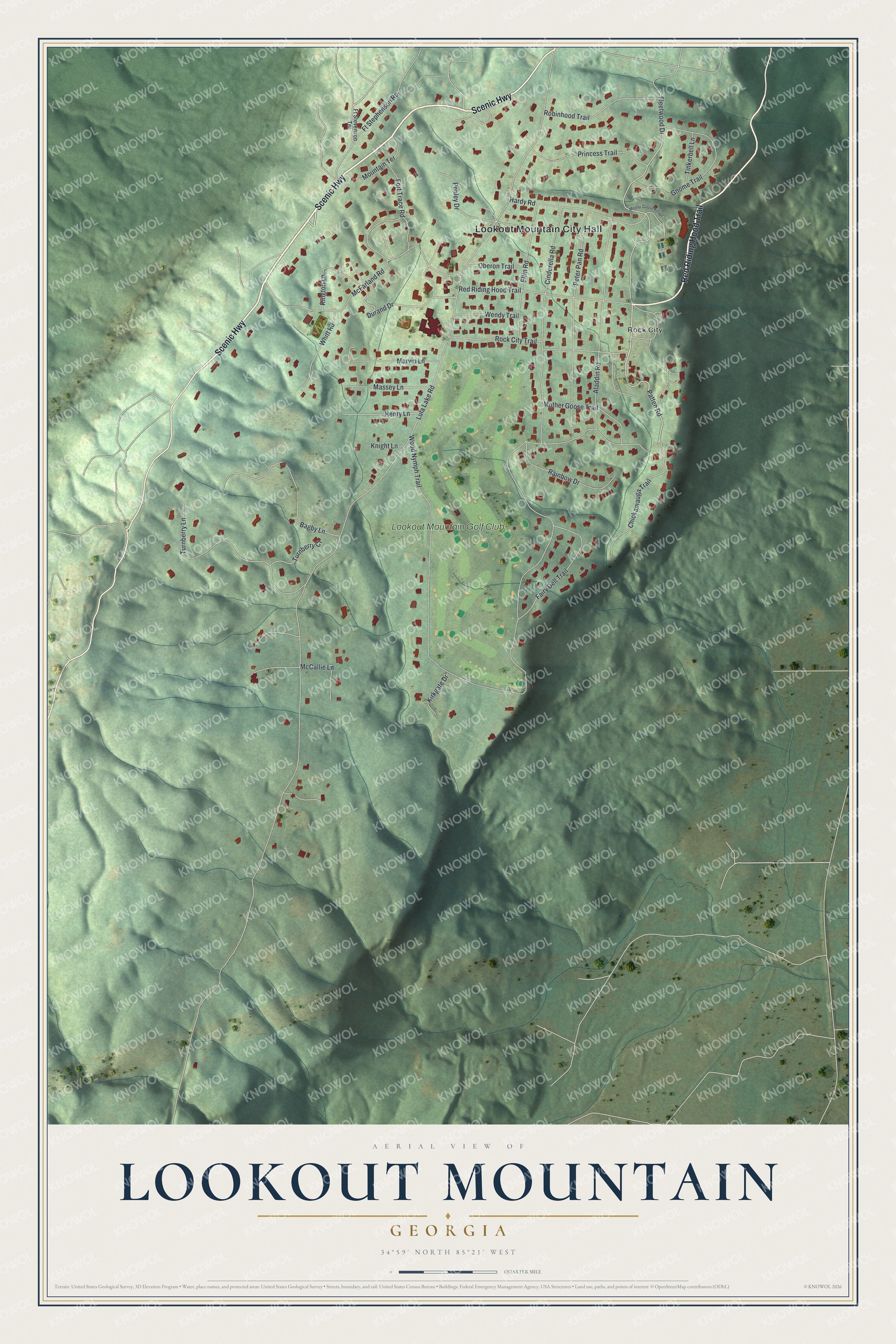 Detailed map of Lookout Mountain, Georgia, showing streets and buildings