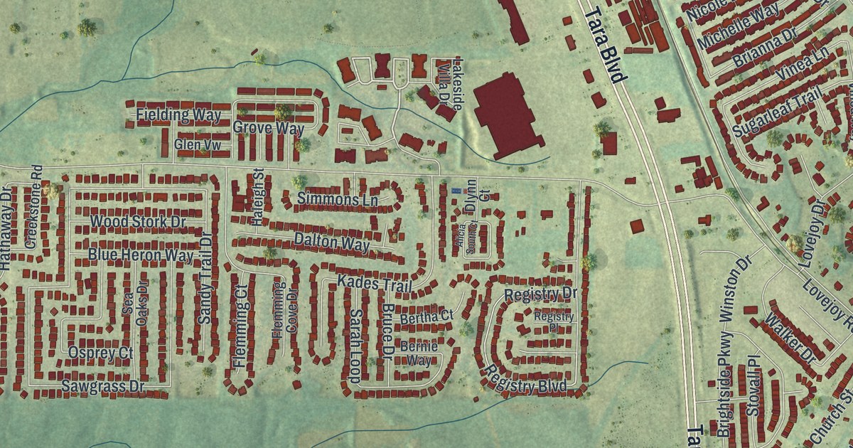 Close-up of streets and buildings in Lovejoy, Georgia