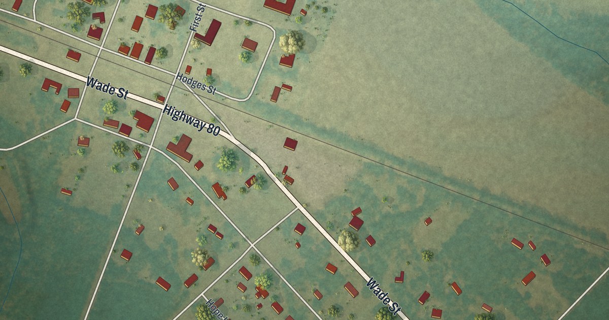 Close-up of streets and buildings in Montrose, Georgia