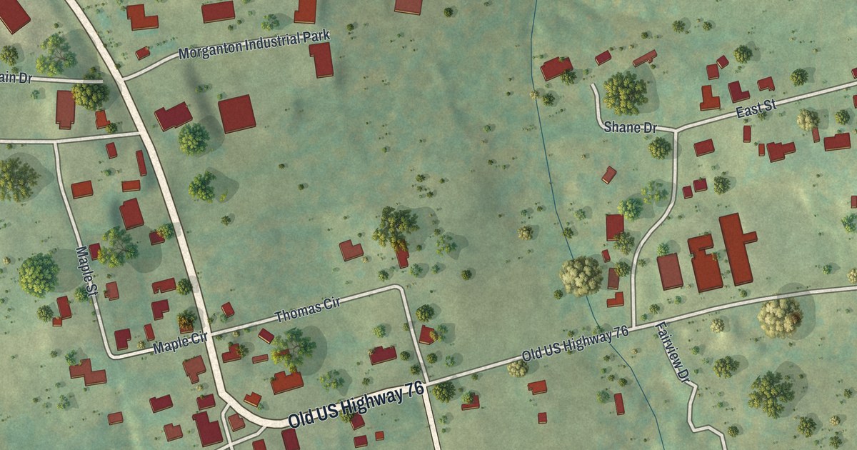 Close-up of streets and buildings in Morganton, Georgia