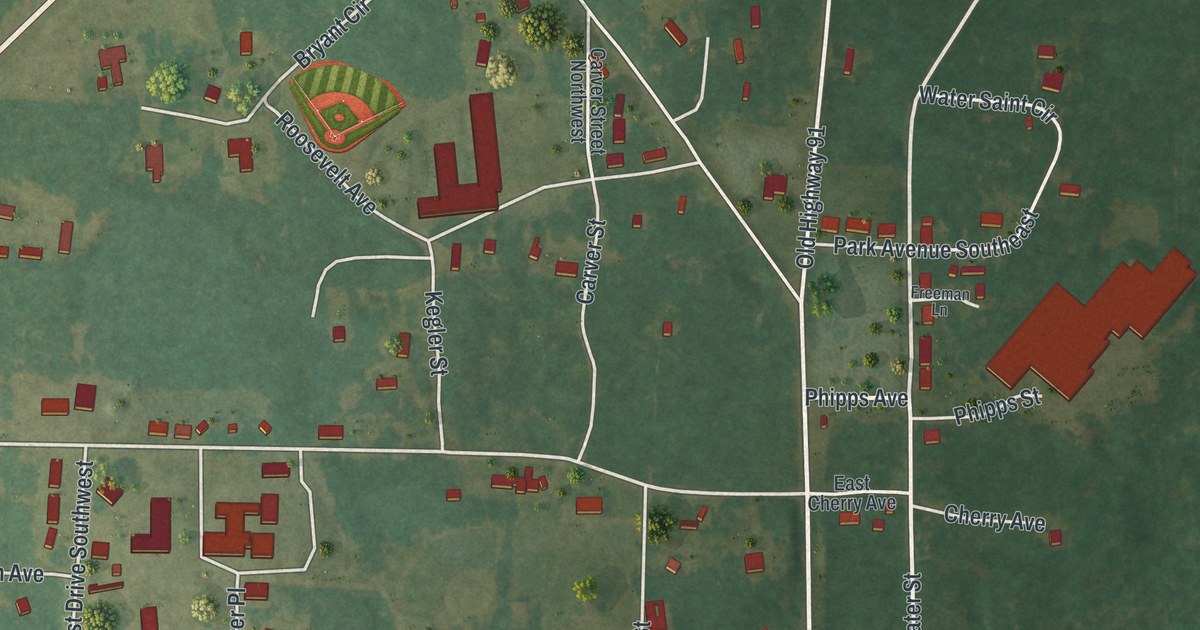 Close-up of streets and buildings in Newton, Georgia