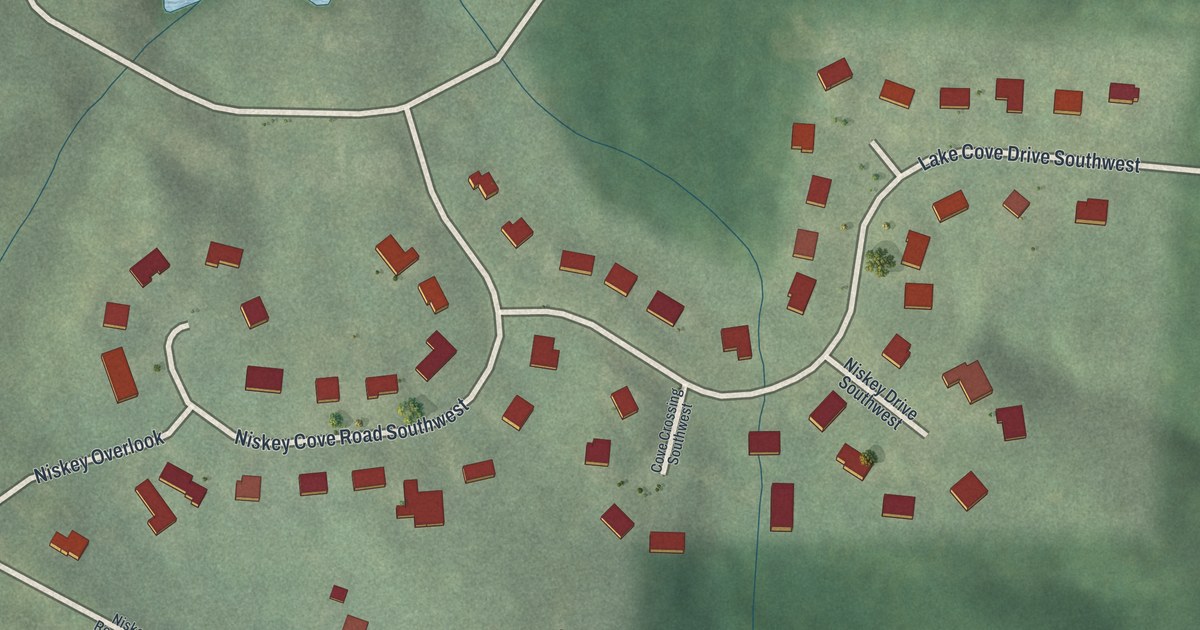 Close-up of streets and buildings in Niskey Cove, Georgia