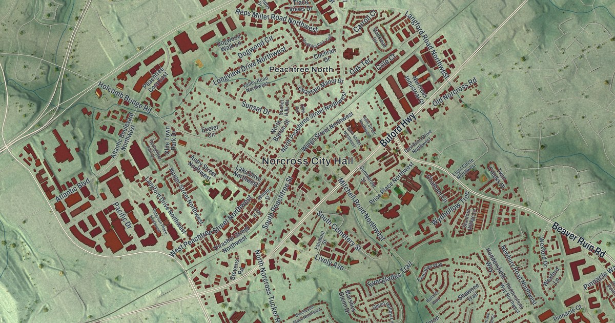 Close-up of streets and buildings in Norcross, Georgia