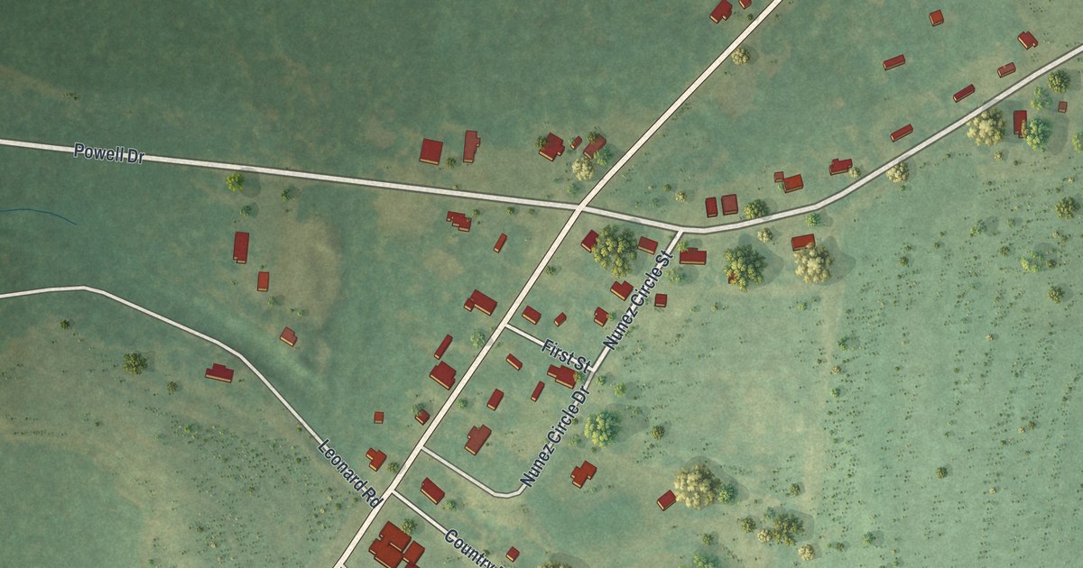 Close-up of streets and buildings in Nunez, Georgia