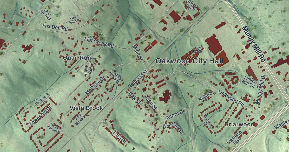 Close-up of streets and buildings in Oakwood, Georgia