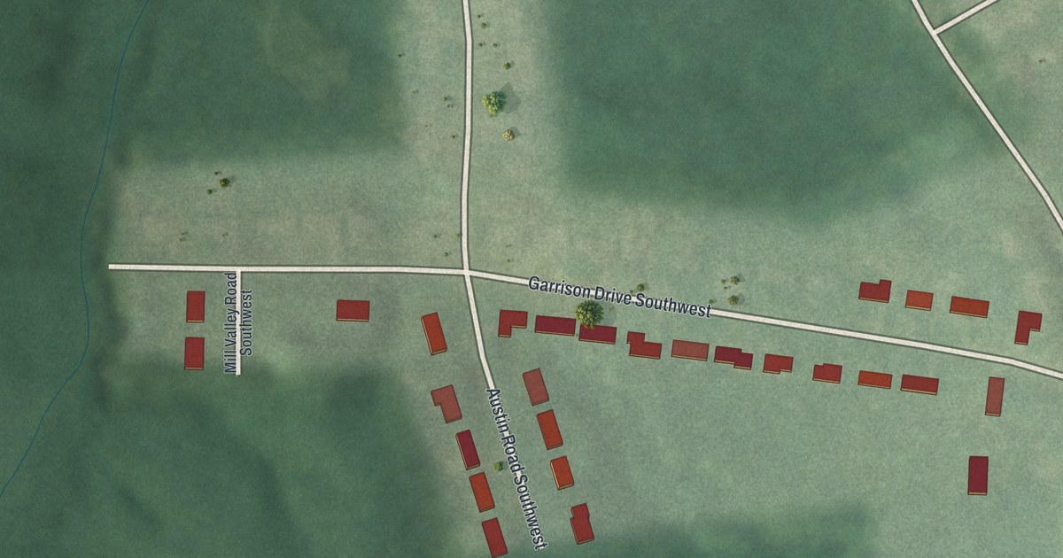 Close-up of streets and buildings in Old Fairburn Village, Georgia