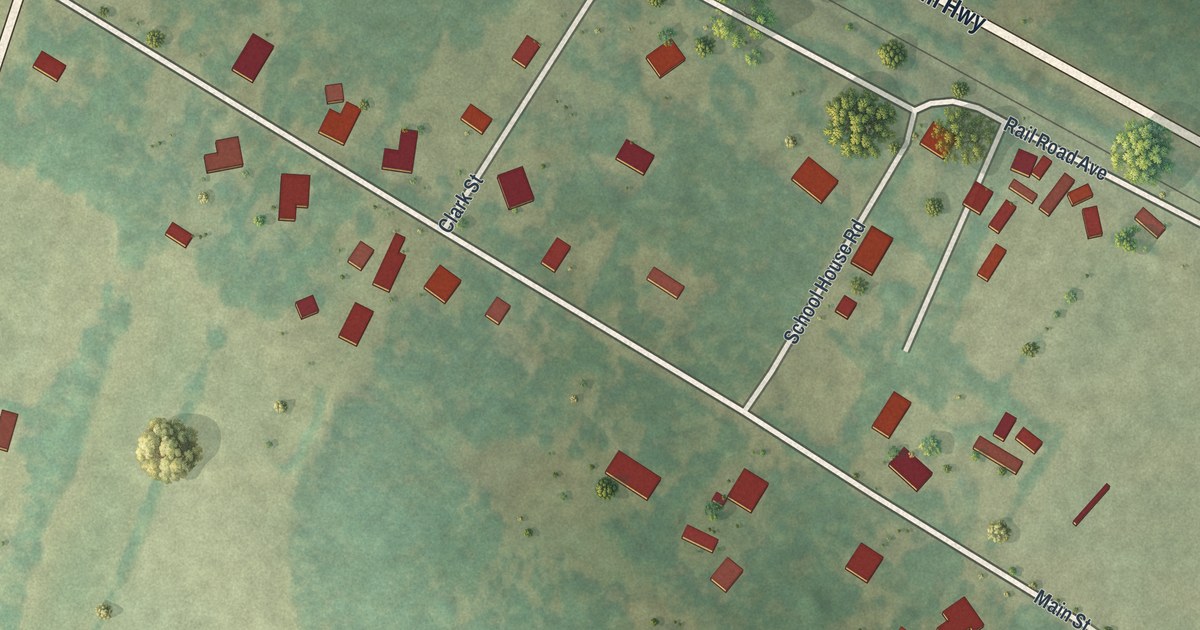 Close-up of streets and buildings in Oliver, Georgia