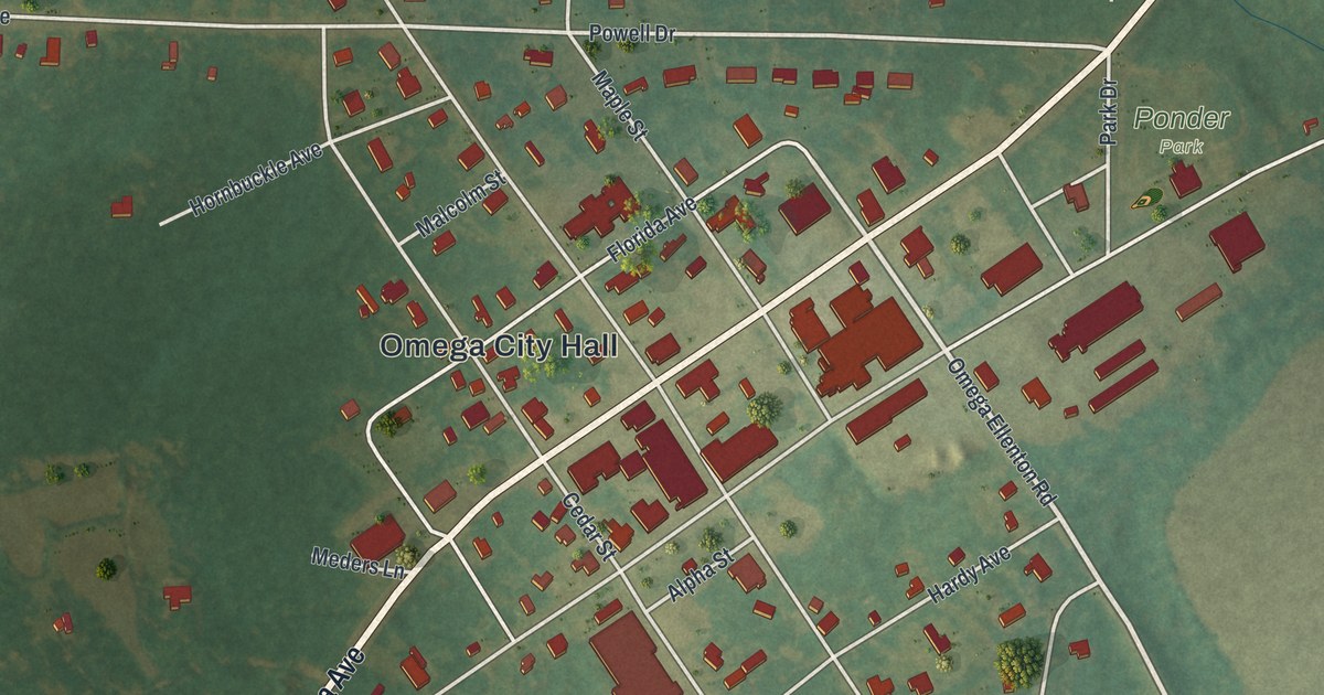 Close-up of streets and buildings in Omega, Georgia