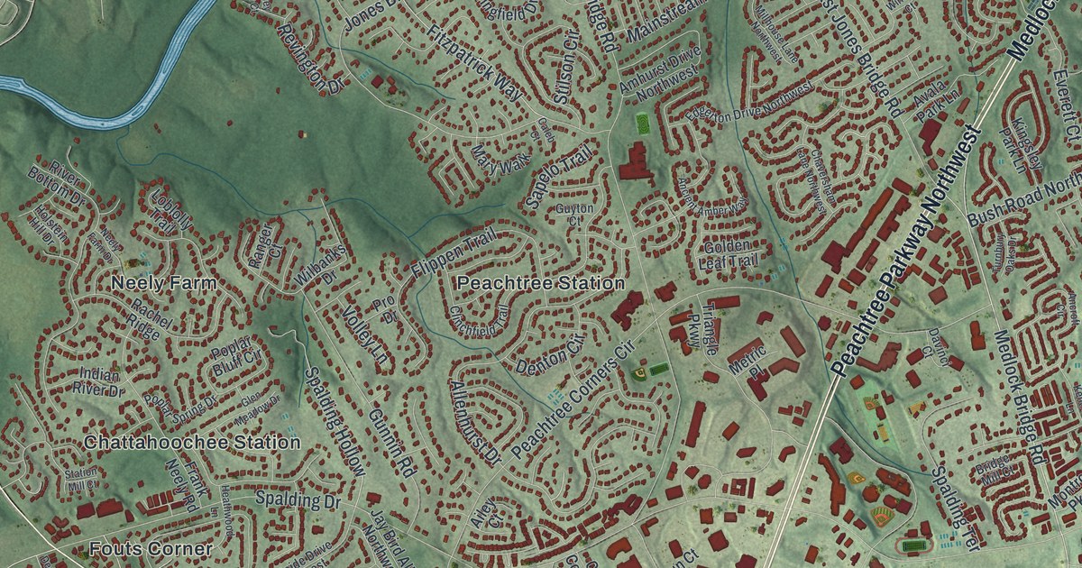 Close-up of streets and buildings in Peachtree Corners, Georgia