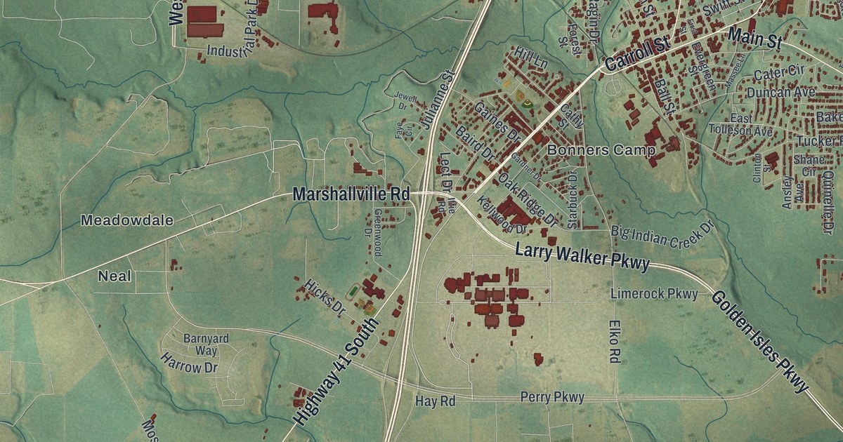 Close-up of streets and buildings in Perry, Georgia