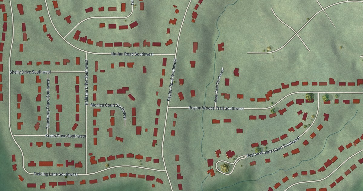 Close-up of streets and buildings in Peyton Forest, Georgia