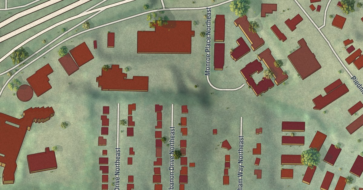 Close-up of streets and buildings in Piedmont Heights, Georgia