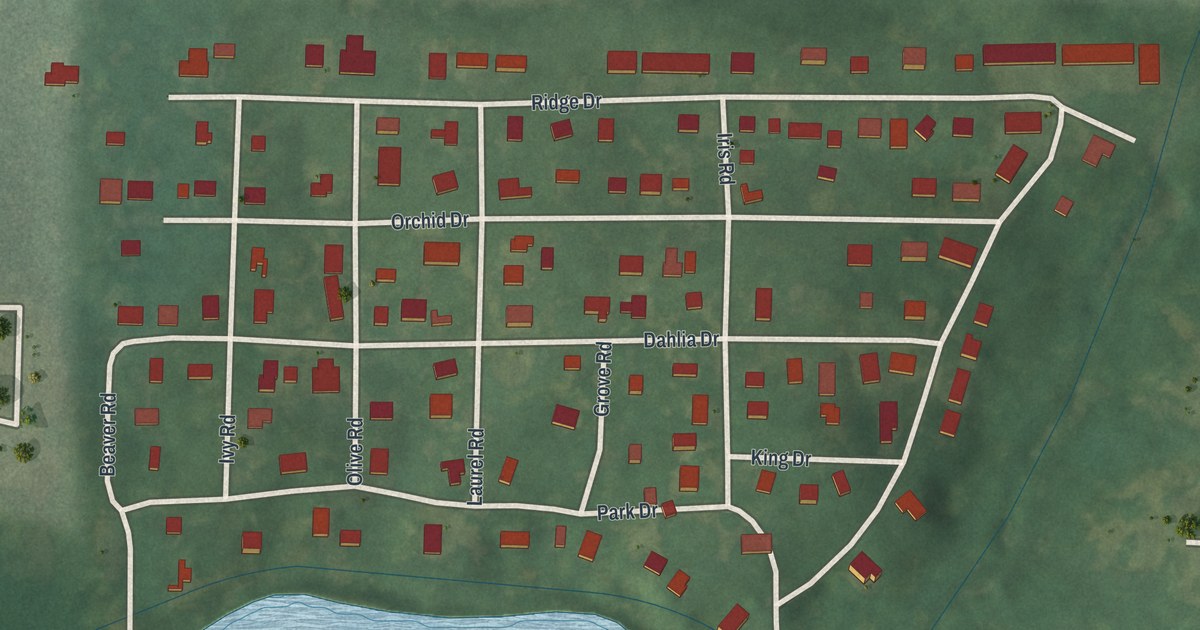 Close-up of streets and buildings in Pine Lake, Georgia
