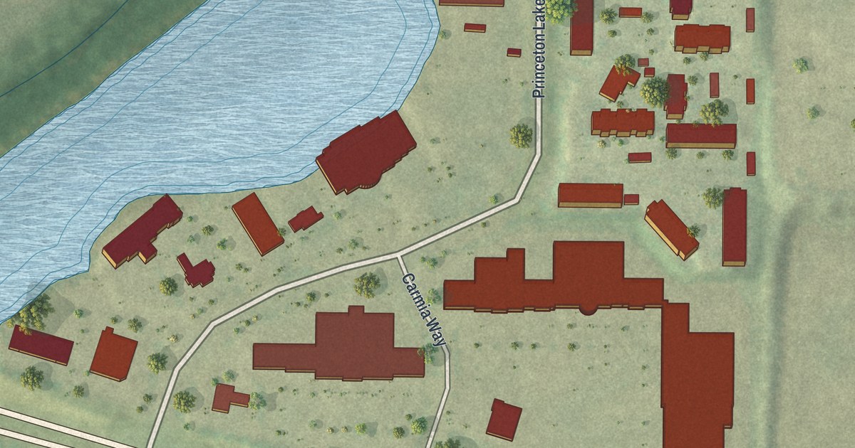 Close-up of streets and buildings in Princeton Lakes, Georgia