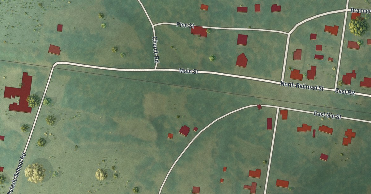 Close-up of streets and buildings in Pulaski, Georgia