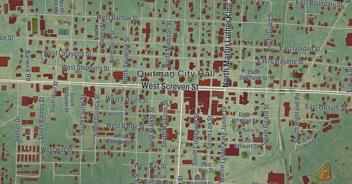 Close-up of streets and buildings in Quitman, Georgia
