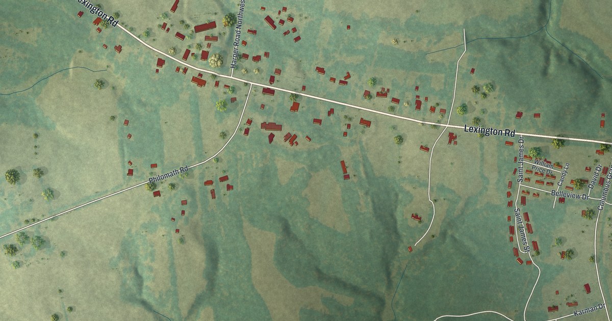 Close-up of streets and buildings in Rayle, Georgia