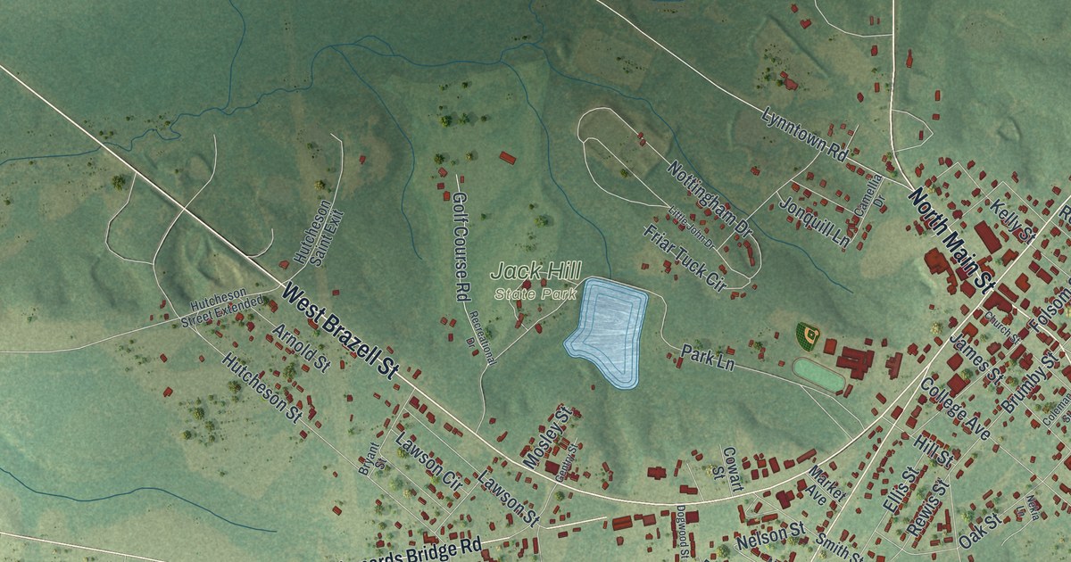 Close-up of streets and buildings in Reidsville, Georgia