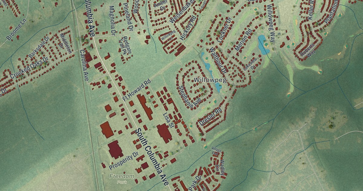 Close-up of streets and buildings in Rincon, Georgia