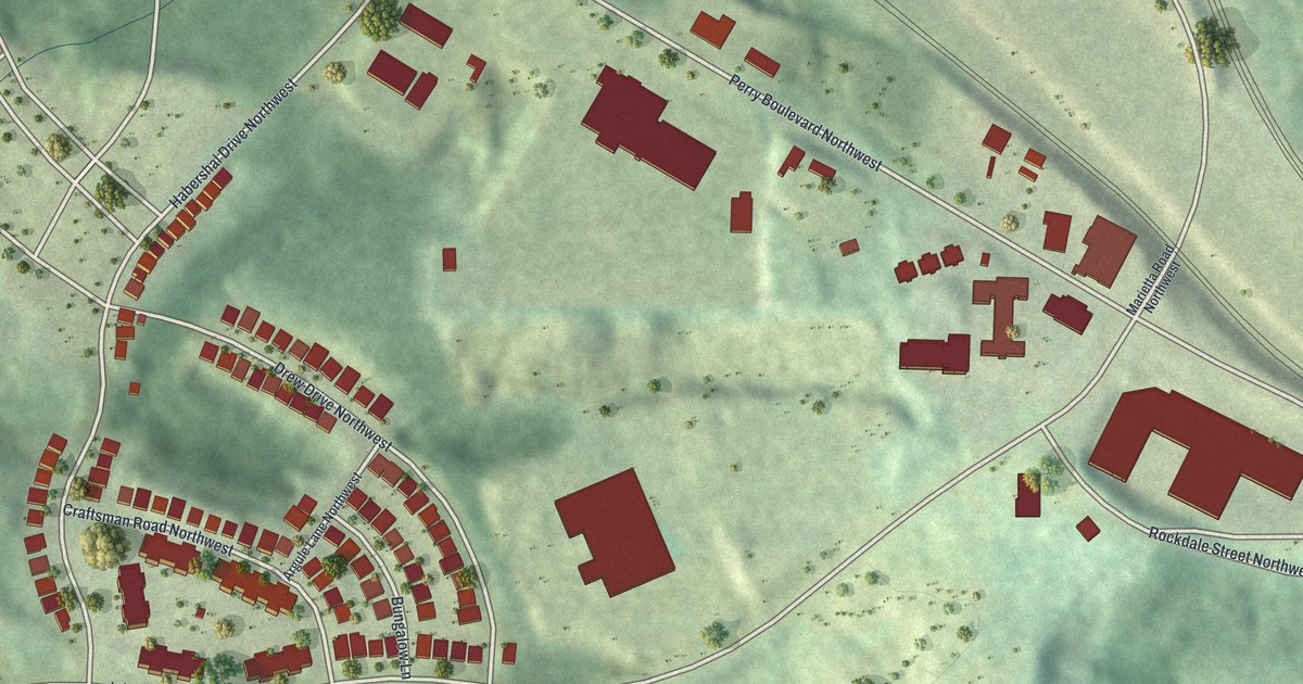 Close-up of streets and buildings in Rockdale, Georgia