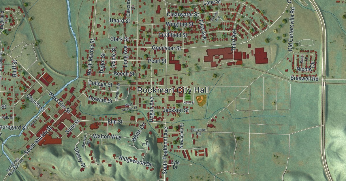 Close-up of streets and buildings in Rockmart, Georgia