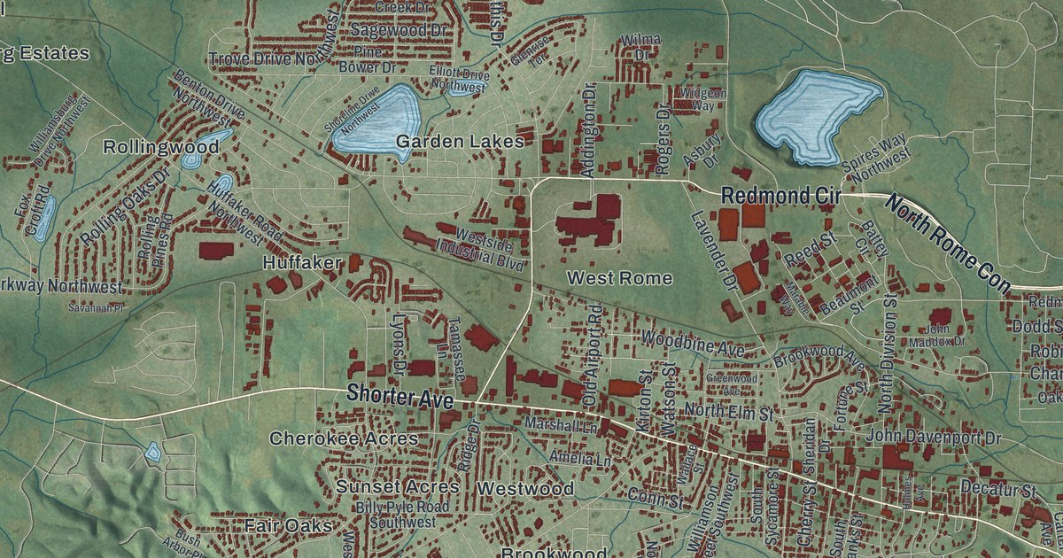Close-up of streets and buildings in Rome, Georgia