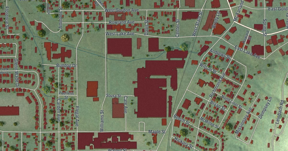 Close-up of streets and buildings in Rossville, Georgia