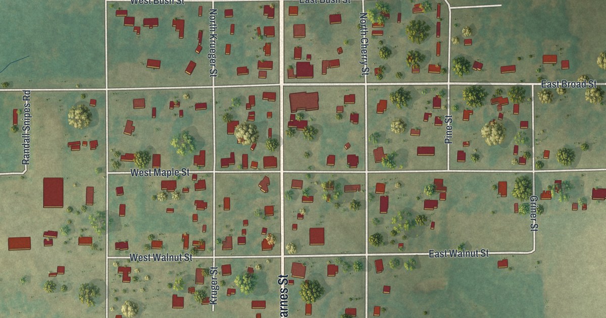 Close-up of streets and buildings in Sale City, Georgia
