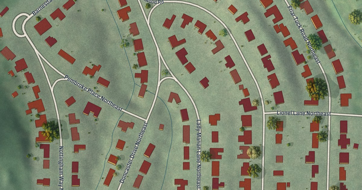 Close-up of streets and buildings in Sherwood Forest, Georgia