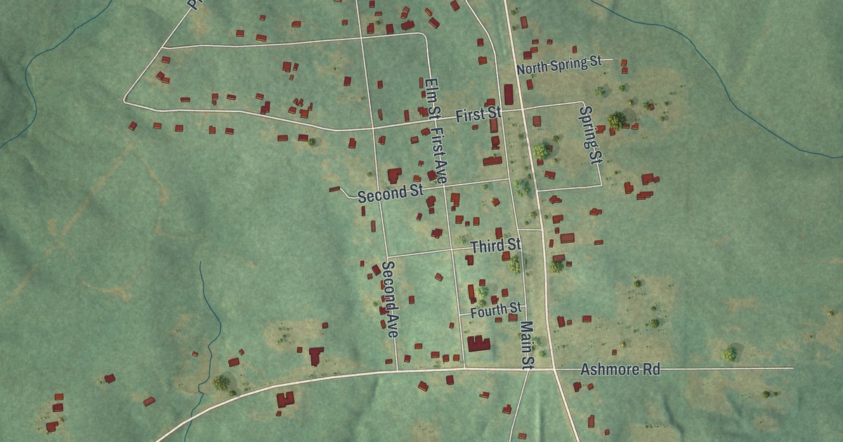 Close-up of streets and buildings in Shiloh, Georgia