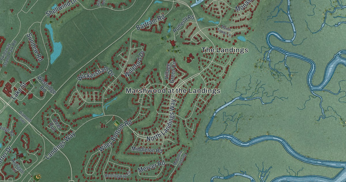 Close-up of streets and buildings in Skidaway Island, Georgia